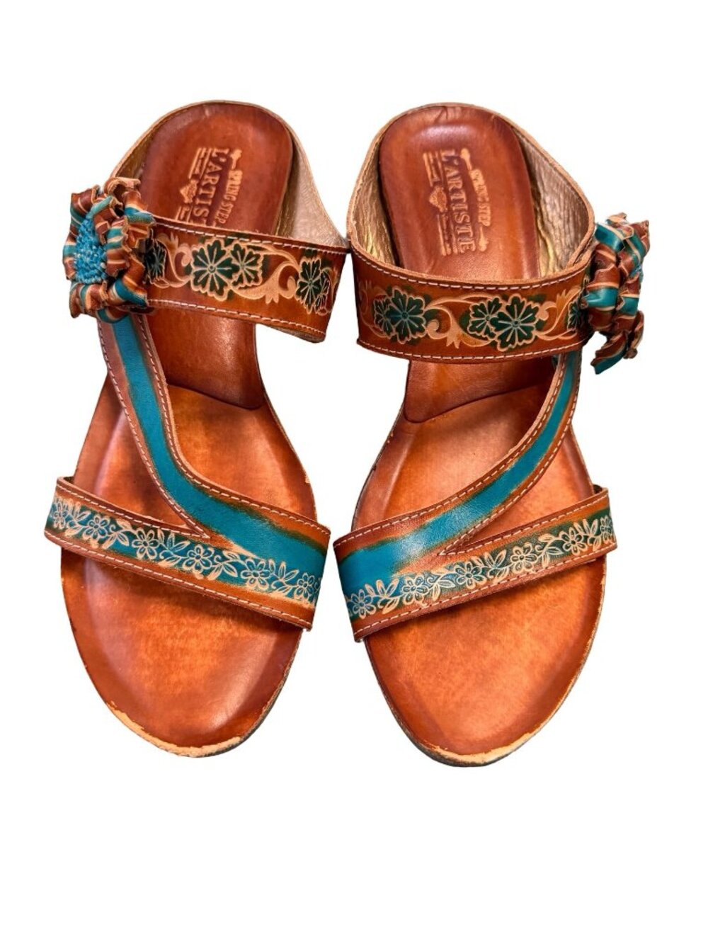 Spring Step L’Artiste Leather Floral Sandals Womens Size 41 Brown Teal Heeled Sl